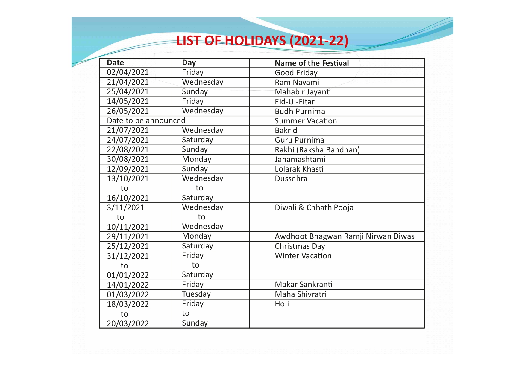 List Of Holidays 46
